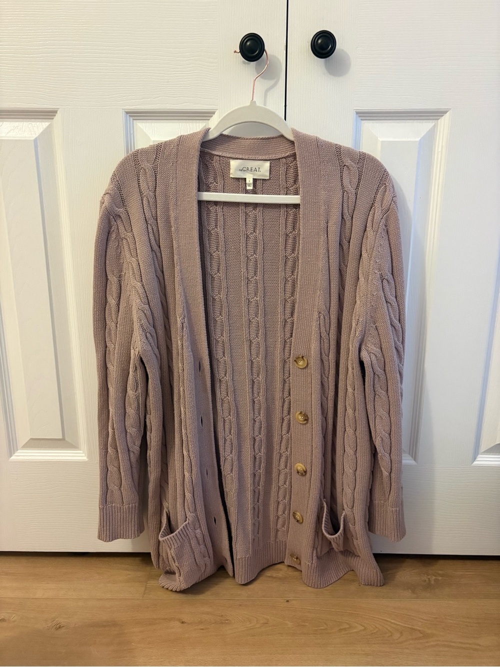 THE GREAT. Cable-Knit Cardigan in Dusty Mauve with Gold Buttons